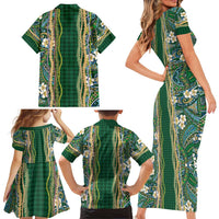 Hawaiian Art Flower Tribal with Lei Family Matching Short Sleeve Bodycon Dress and Hawaiian Shirt Palaka Pattern Green Color - Polynesian Pride
