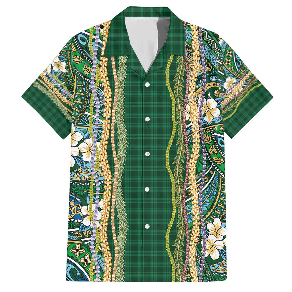 Hawaiian Art Flower Tribal with Lei Family Matching Short Sleeve Bodycon Dress and Hawaiian Shirt Palaka Pattern Green Color - Polynesian Pride