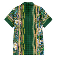 Hawaiian Art Flower Tribal with Lei Family Matching Short Sleeve Bodycon Dress and Hawaiian Shirt Palaka Pattern Green Color - Polynesian Pride