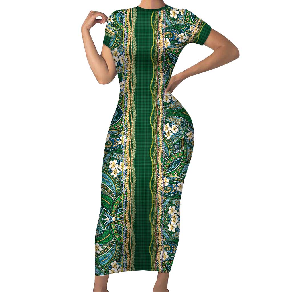 Hawaiian Art Flower Tribal with Lei Family Matching Short Sleeve Bodycon Dress and Hawaiian Shirt Palaka Pattern Green Color - Polynesian Pride