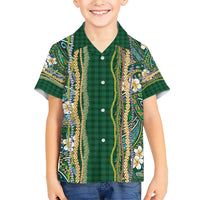 Hawaiian Art Flower Tribal with Lei Family Matching Short Sleeve Bodycon Dress and Hawaiian Shirt Palaka Pattern Green Color - Polynesian Pride