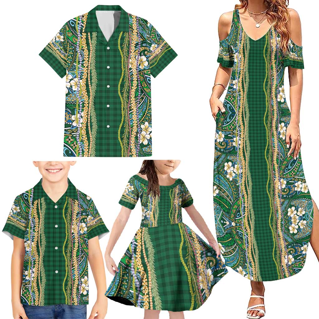 Hawaiian Art Flower Tribal with Lei Family Matching Summer Maxi Dress and Hawaiian Shirt Palaka Pattern Green Color - Polynesian Pride