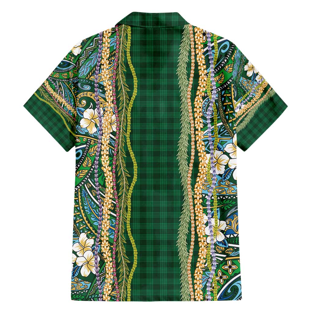 Hawaiian Art Flower Tribal with Lei Family Matching Summer Maxi Dress and Hawaiian Shirt Palaka Pattern Green Color - Polynesian Pride