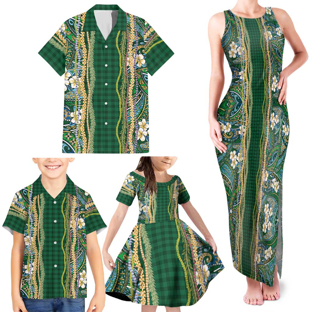 Hawaiian Art Flower Tribal with Lei Family Matching Tank Maxi Dress and Hawaiian Shirt Palaka Pattern Green Color LT03 - Polynesian Pride