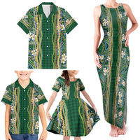 Hawaiian Art Flower Tribal with Lei Family Matching Tank Maxi Dress and Hawaiian Shirt Palaka Pattern Green Color - Polynesian Pride
