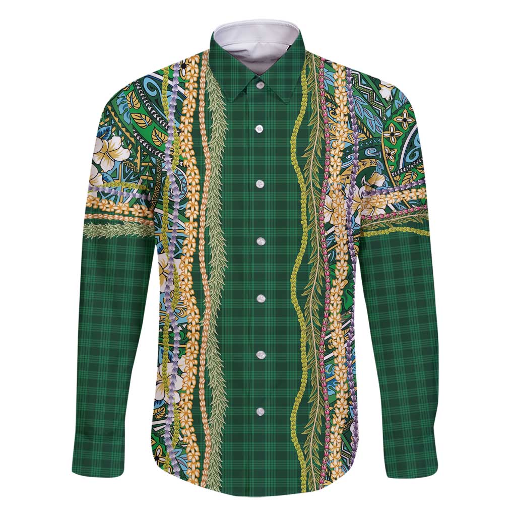 Hawaiian Art Flower Tribal with Lei Family Matching Tank Maxi Dress and Hawaiian Shirt Palaka Pattern Green Color - Polynesian Pride