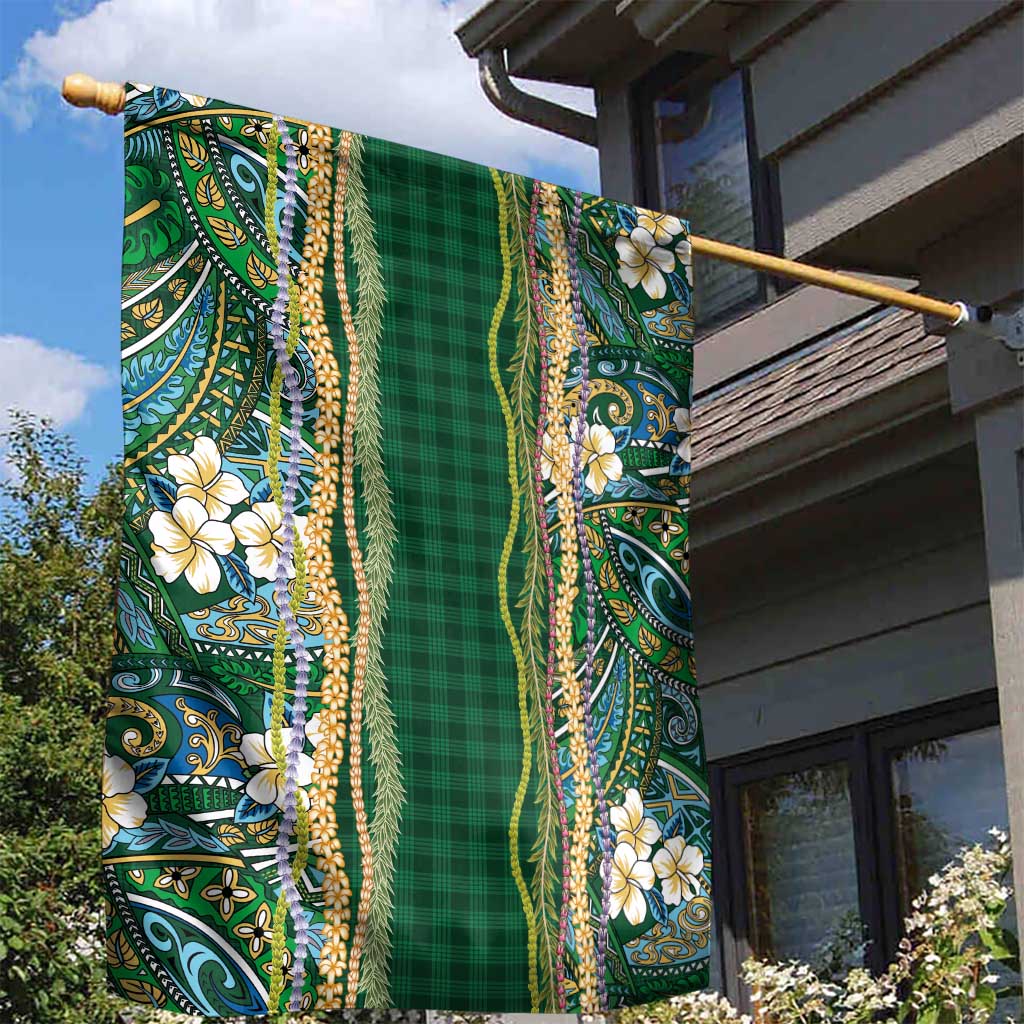 Hawaiian Art Flower Tribal with Lei Garden Flag Palaka Pattern Green Color - Polynesian Pride