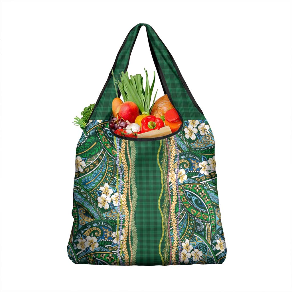 Hawaiian Art Flower Tribal with Lei Grocery Bag Palaka Pattern Green Color - Polynesian Pride
