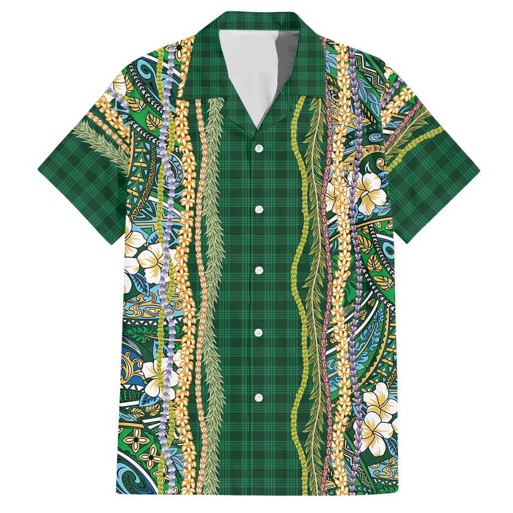 Hawaiian Art Flower Tribal with Lei Hawaiian Shirt Palaka Pattern Green Color LT03 Green - Polynesian Pride