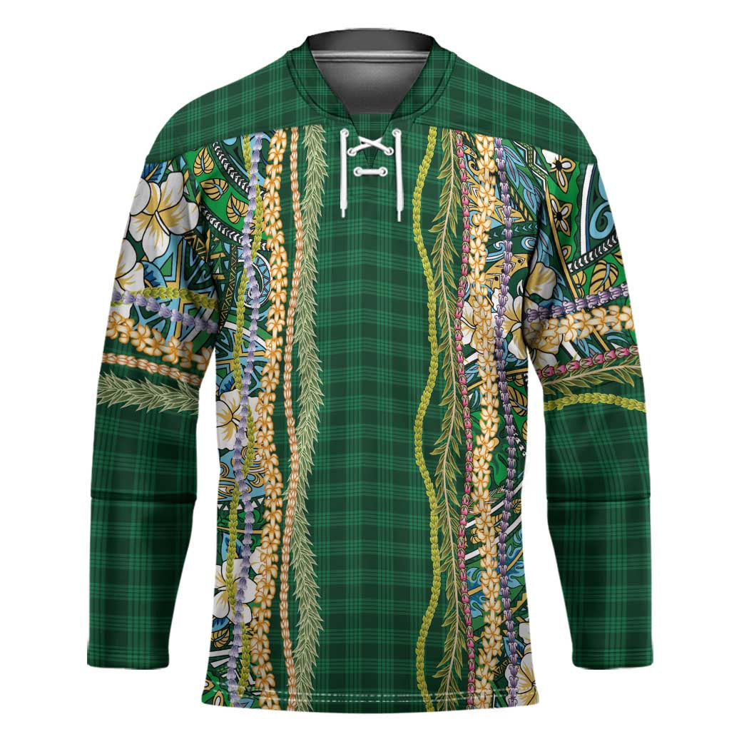Hawaiian Art Flower Tribal with Lei Hockey Jersey Palaka Pattern Green Color LT03 Unisex Green - Polynesian Pride