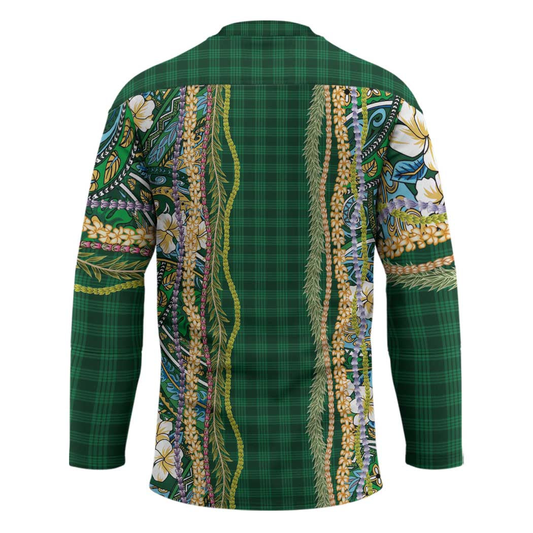 Hawaiian Art Flower Tribal with Lei Hockey Jersey Palaka Pattern Green Color LT03 - Polynesian Pride