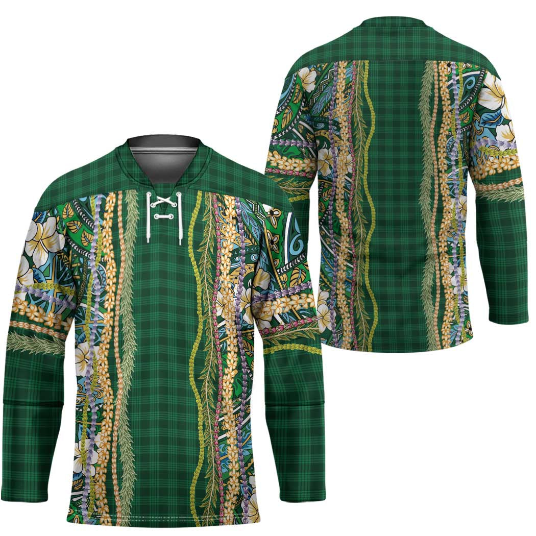 Hawaiian Art Flower Tribal with Lei Hockey Jersey Palaka Pattern Green Color LT03 - Polynesian Pride