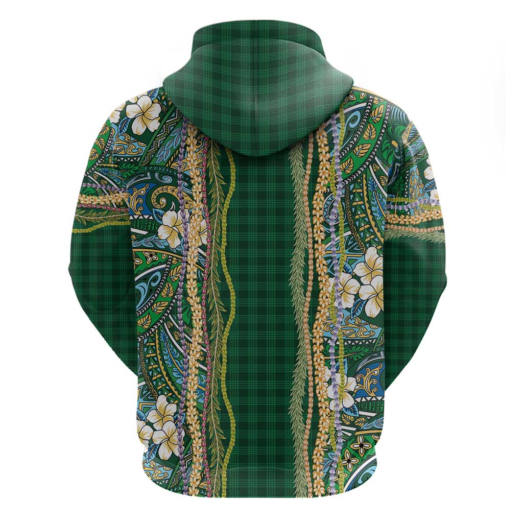 Hawaiian Art Flower Tribal with Lei Hoodie Palaka Pattern Green Color - Polynesian Pride