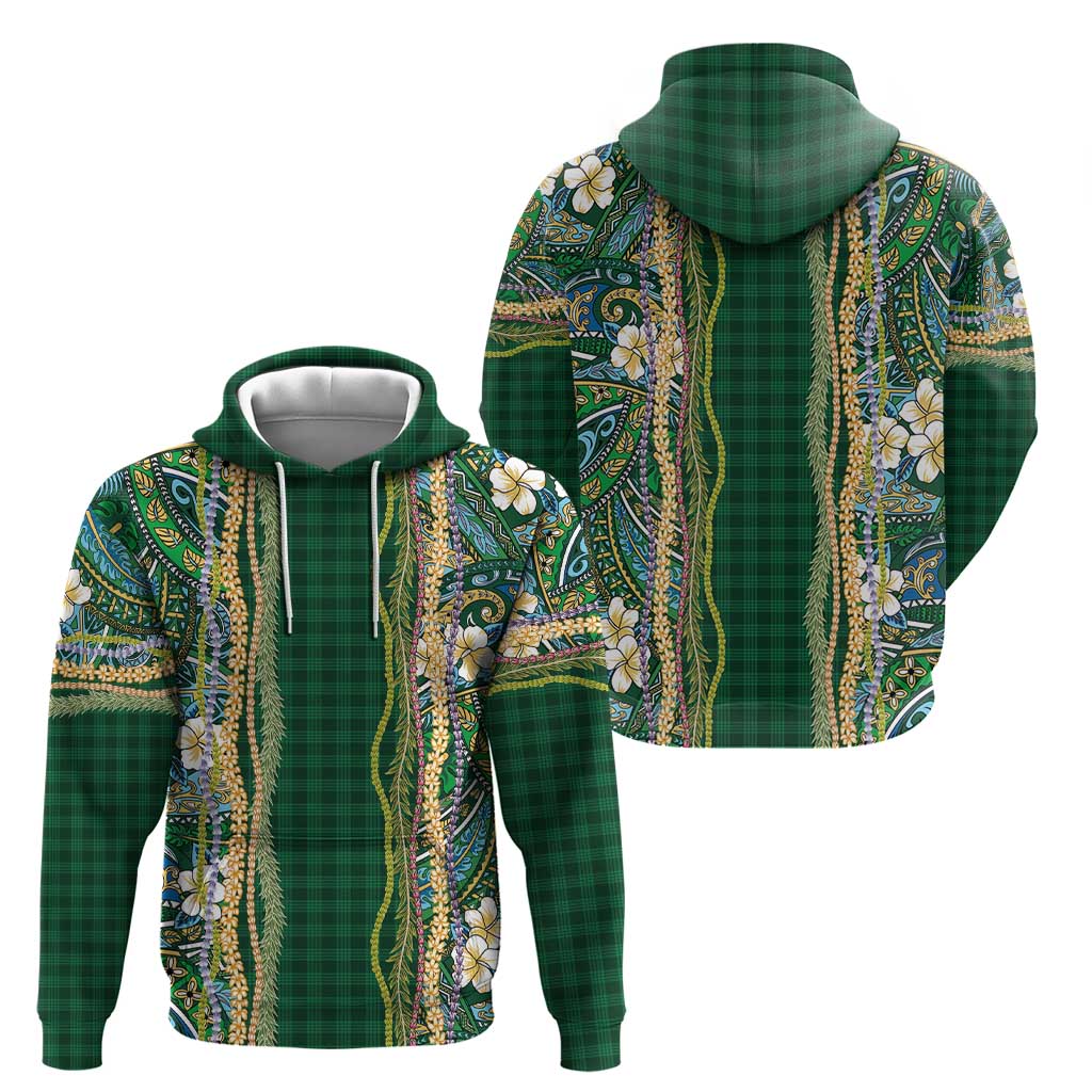 Hawaiian Art Flower Tribal with Lei Hoodie Palaka Pattern Green Color - Polynesian Pride