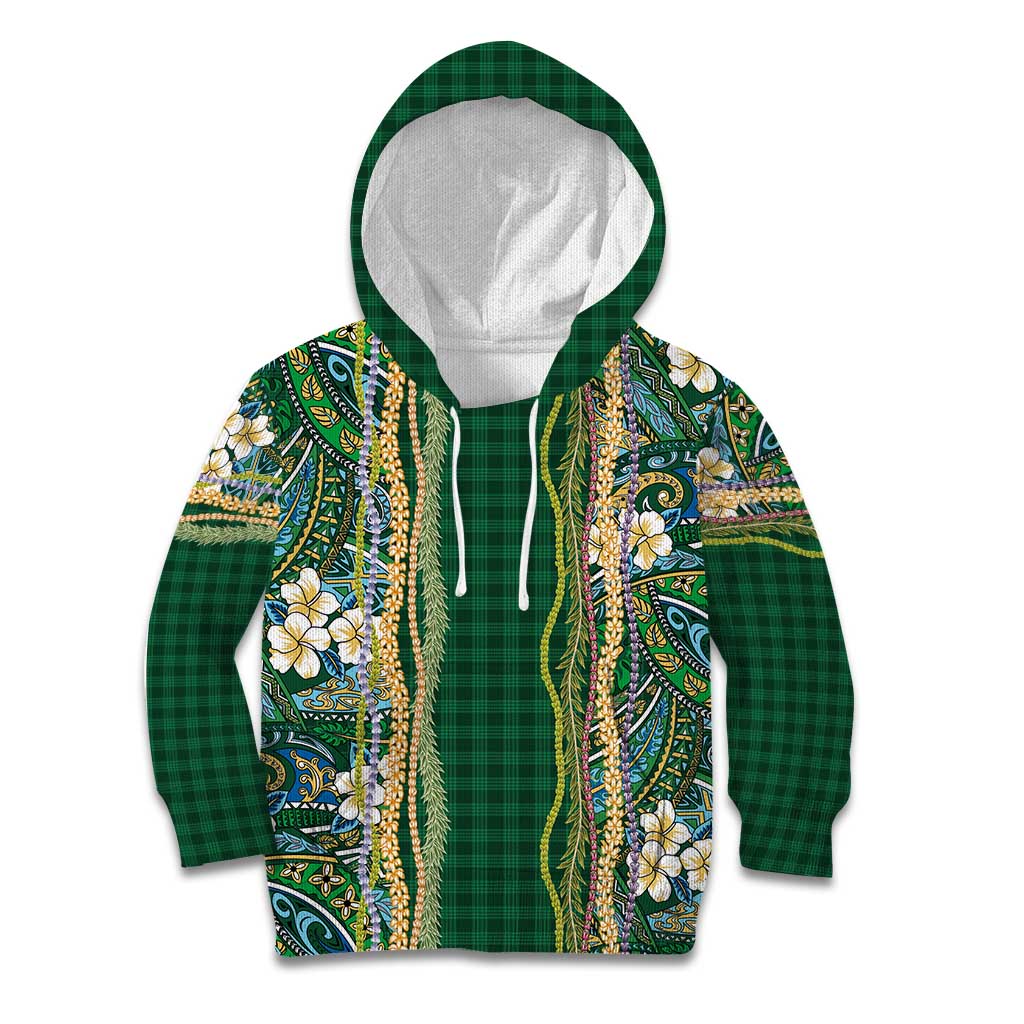 Hawaiian Art Flower Tribal with Lei Kid Hoodie Palaka Pattern Green Color LT03 Hoodie Green - Polynesian Pride