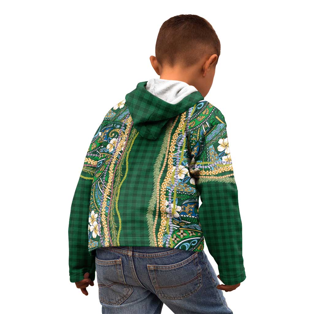 Hawaiian Art Flower Tribal with Lei Kid Hoodie Palaka Pattern Green Color - Polynesian Pride