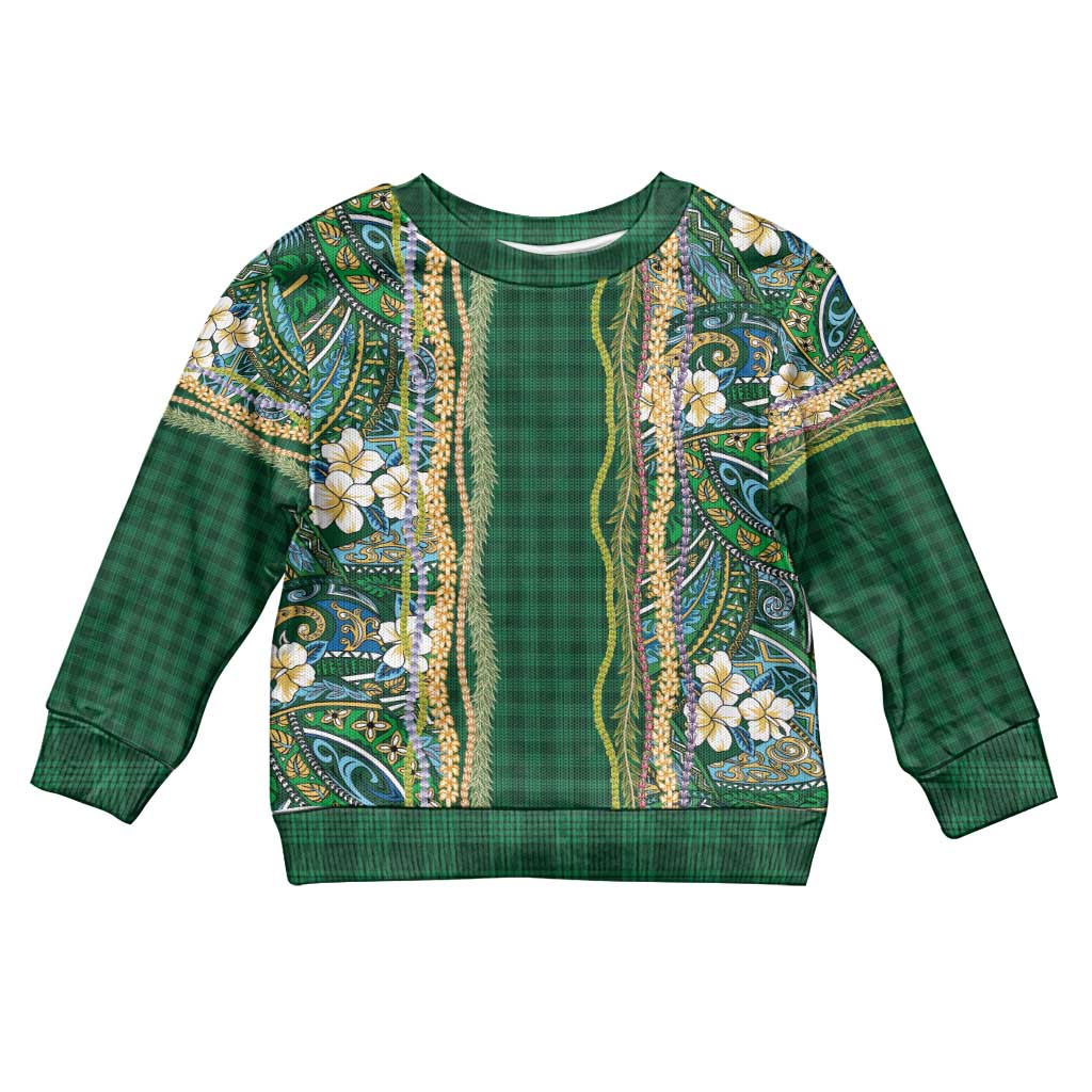 Hawaiian Art Flower Tribal with Lei Kid Ugly Christmas Sweater Palaka Pattern Green Color - Polynesian Pride