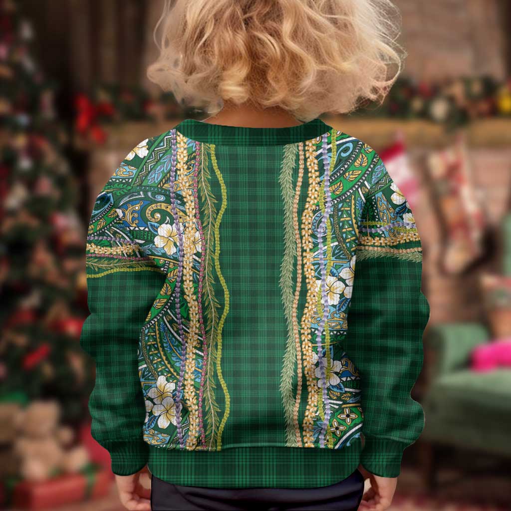 Hawaiian Art Flower Tribal with Lei Kid Ugly Christmas Sweater Palaka Pattern Green Color - Polynesian Pride