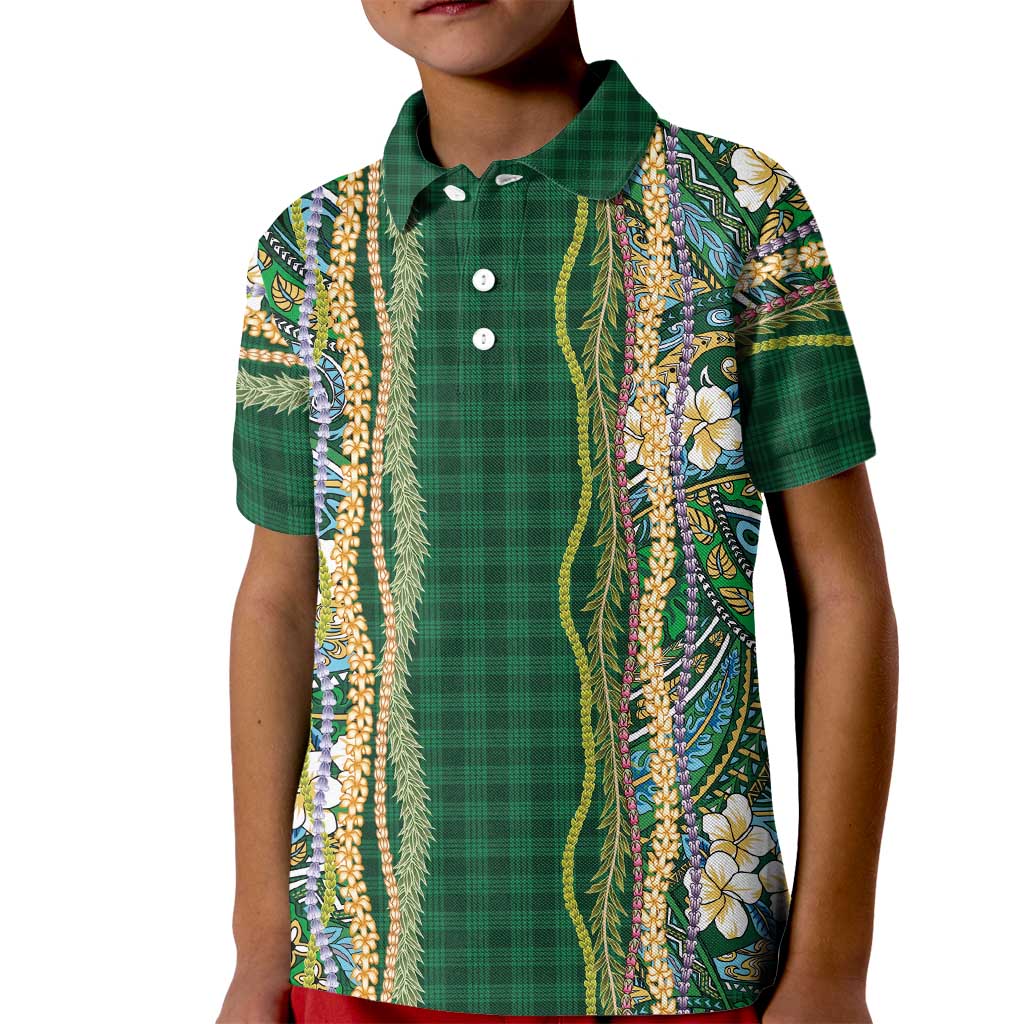 Hawaiian Art Flower Tribal with Lei Kid Polo Shirt Palaka Pattern Green Color LT03 Kid Green - Polynesian Pride