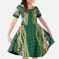 Hawaiian Art Flower Tribal with Lei Kid Short Sleeve Dress Palaka Pattern Green Color - Polynesian Pride