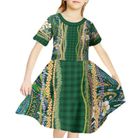 Hawaiian Art Flower Tribal with Lei Kid Short Sleeve Dress Palaka Pattern Green Color - Polynesian Pride