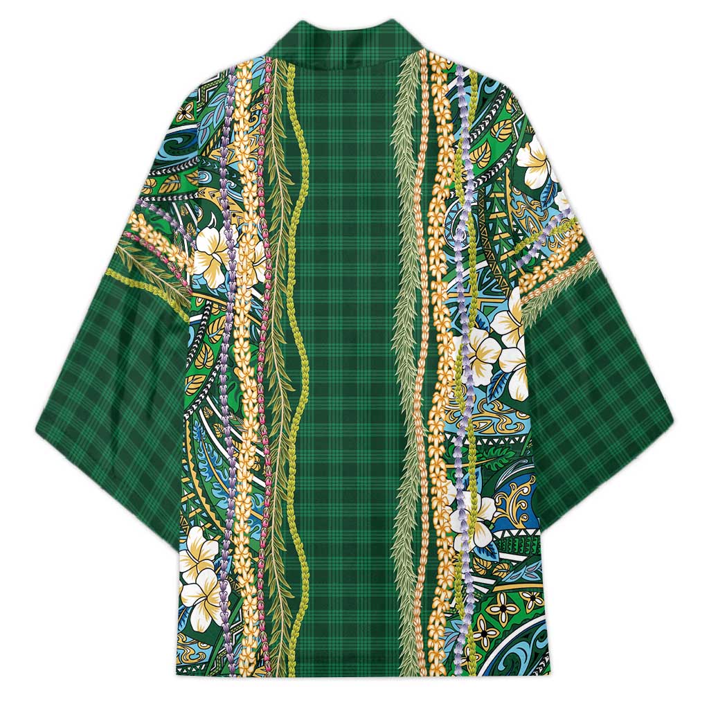 Hawaiian Art Flower Tribal with Lei Kimono Palaka Pattern Green Color - Polynesian Pride
