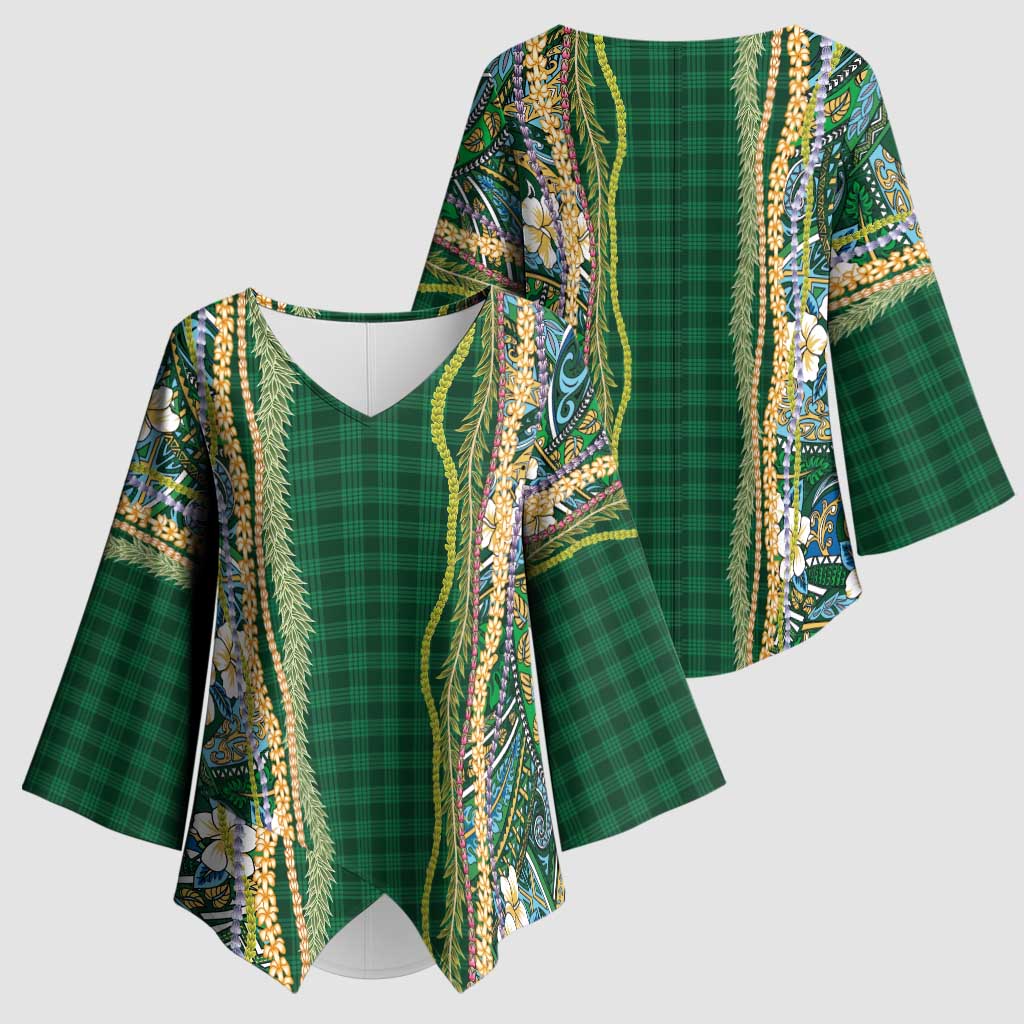 Hawaiian Art Flower Tribal with Lei Kimono Sleeve Blouse Palaka Pattern Green Color - Polynesian Pride