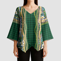 Hawaiian Art Flower Tribal with Lei Kimono Sleeve Blouse Palaka Pattern Green Color - Polynesian Pride