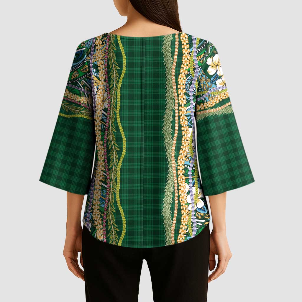 Hawaiian Art Flower Tribal with Lei Kimono Sleeve Blouse Palaka Pattern Green Color - Polynesian Pride