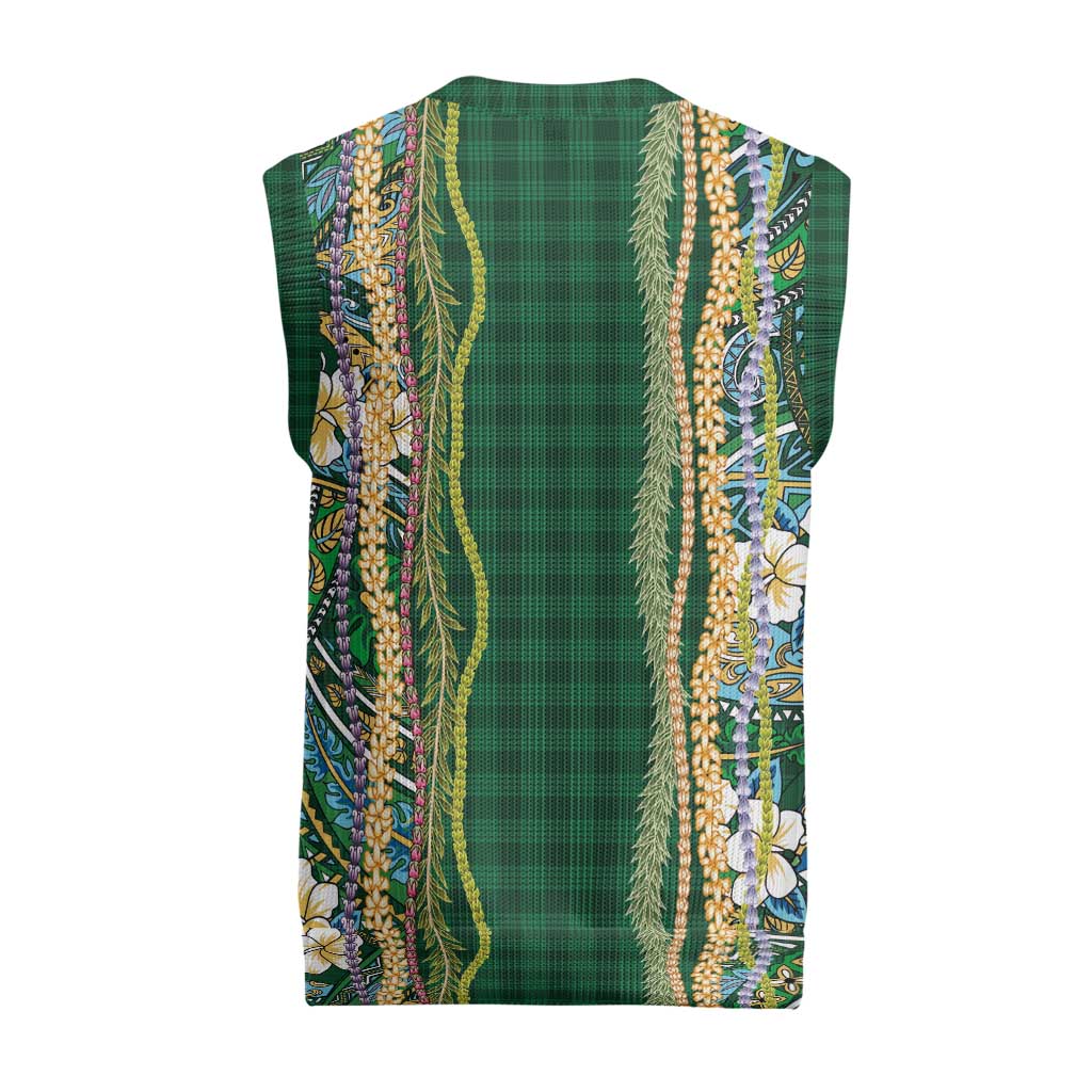 Hawaiian Art Flower Tribal with Lei Christmas Knitted V-Neck Vest Palaka Pattern Green Color - Polynesian Pride