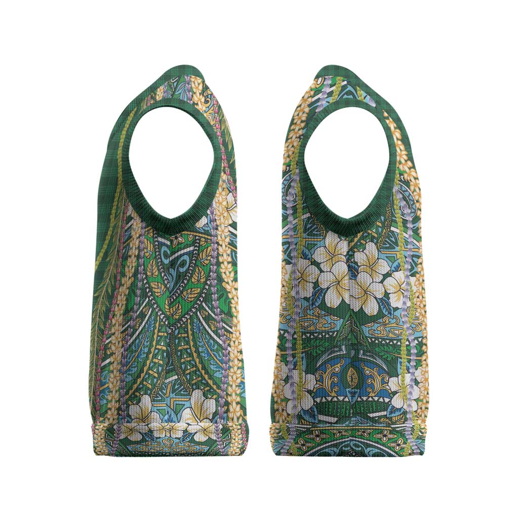 Hawaiian Art Flower Tribal with Lei Christmas Knitted V-Neck Vest Palaka Pattern Green Color - Polynesian Pride