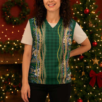 Hawaiian Art Flower Tribal with Lei Christmas Knitted V-Neck Vest Palaka Pattern Green Color - Polynesian Pride