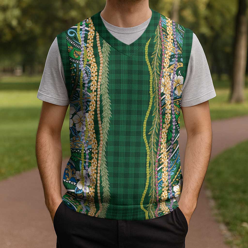 Hawaiian Art Flower Tribal with Lei Christmas Knitted V-Neck Vest Palaka Pattern Green Color - Polynesian Pride