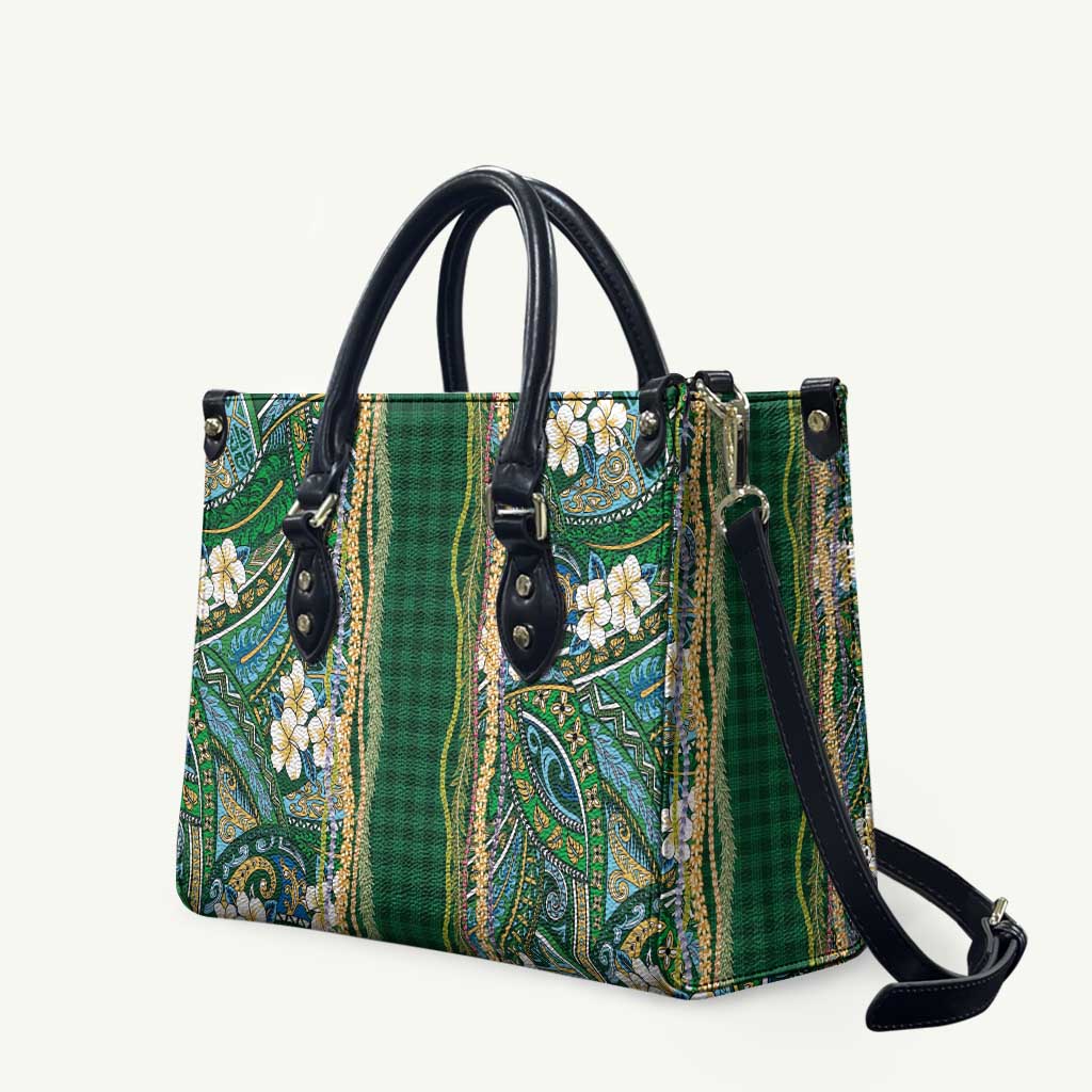 Hawaiian Art Flower Tribal with Lei Leather Bag Palaka Pattern Green Color LT03 Green - Polynesian Pride