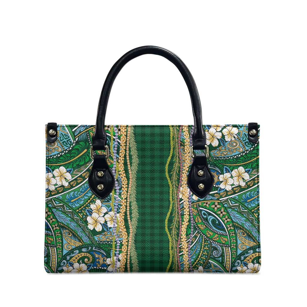 Hawaiian Art Flower Tribal with Lei Leather Bag Palaka Pattern Green Color - Polynesian Pride