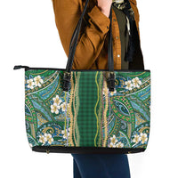 Hawaiian Art Flower Tribal with Lei Leather Tote Bag Palaka Pattern Green Color - Polynesian Pride