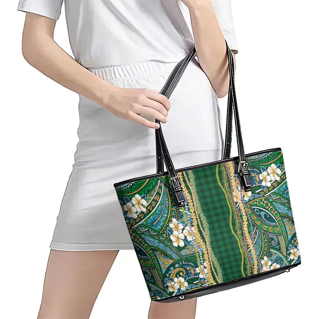 Hawaiian Art Flower Tribal with Lei Leather Tote Bag Palaka Pattern Green Color - Polynesian Pride
