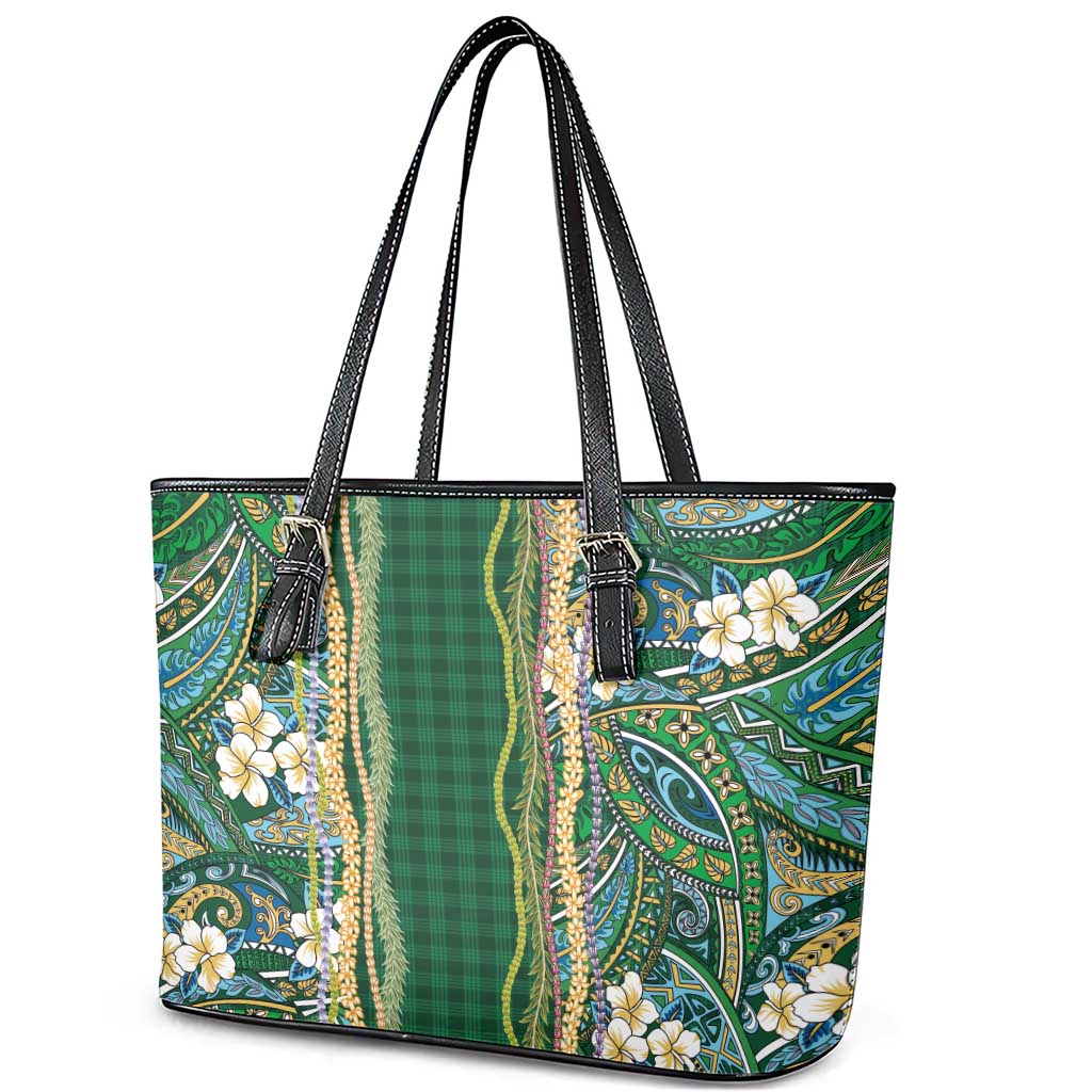 Hawaiian Art Flower Tribal with Lei Leather Tote Bag Palaka Pattern Green Color - Polynesian Pride