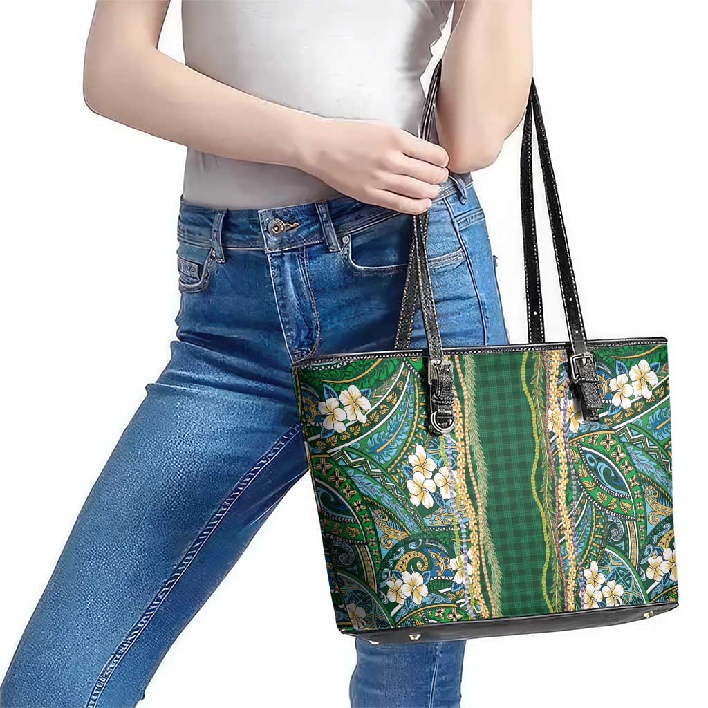 Hawaiian Art Flower Tribal with Lei Leather Tote Bag Palaka Pattern Green Color - Polynesian Pride
