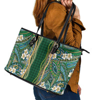 Hawaiian Art Flower Tribal with Lei Leather Tote Bag Palaka Pattern Green Color - Polynesian Pride