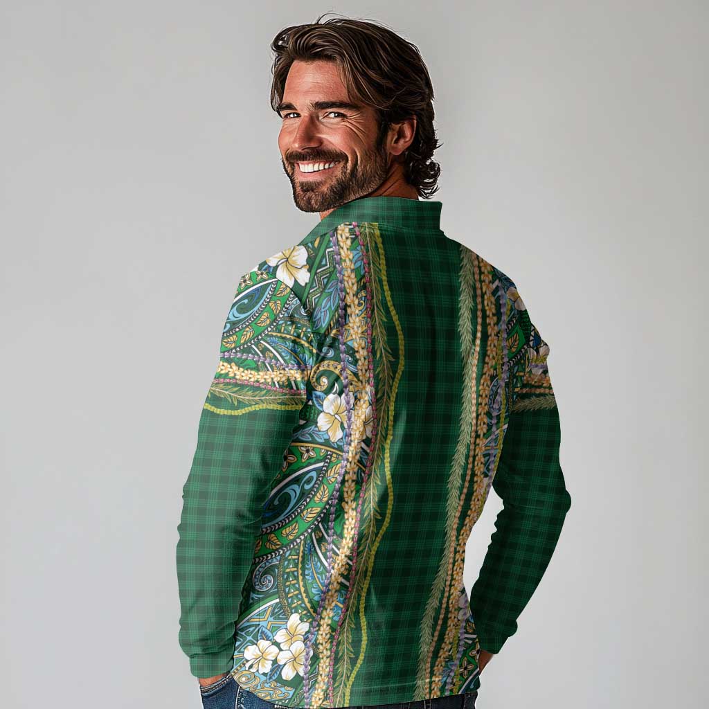 Hawaiian Art Flower Tribal with Lei Long Sleeve Polo Shirt Palaka Pattern Green Color - Polynesian Pride