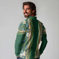 Hawaiian Art Flower Tribal with Lei Long Sleeve Polo Shirt Palaka Pattern Green Color - Polynesian Pride