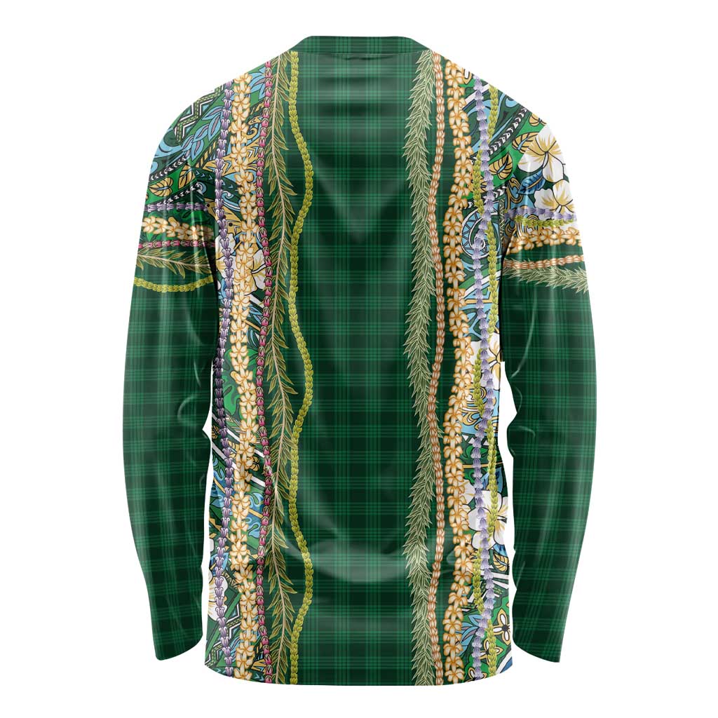 Hawaiian Art Flower Tribal with Lei Long Sleeve Shirt Palaka Pattern Green Color - Polynesian Pride