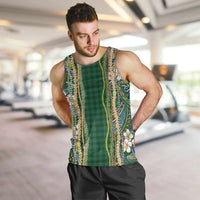 Hawaiian Art Flower Tribal with Lei Men Tank Top Palaka Pattern Green Color - Polynesian Pride