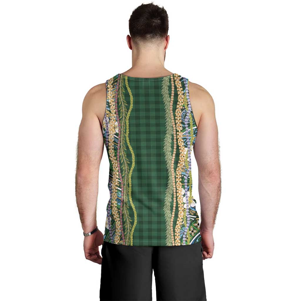 Hawaiian Art Flower Tribal with Lei Men Tank Top Palaka Pattern Green Color - Polynesian Pride