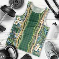 Hawaiian Art Flower Tribal with Lei Men Tank Top Palaka Pattern Green Color - Polynesian Pride
