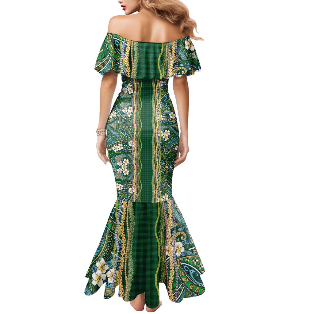 Hawaiian Art Flower Tribal with Lei Mermaid Dress Palaka Pattern Green Color - Polynesian Pride