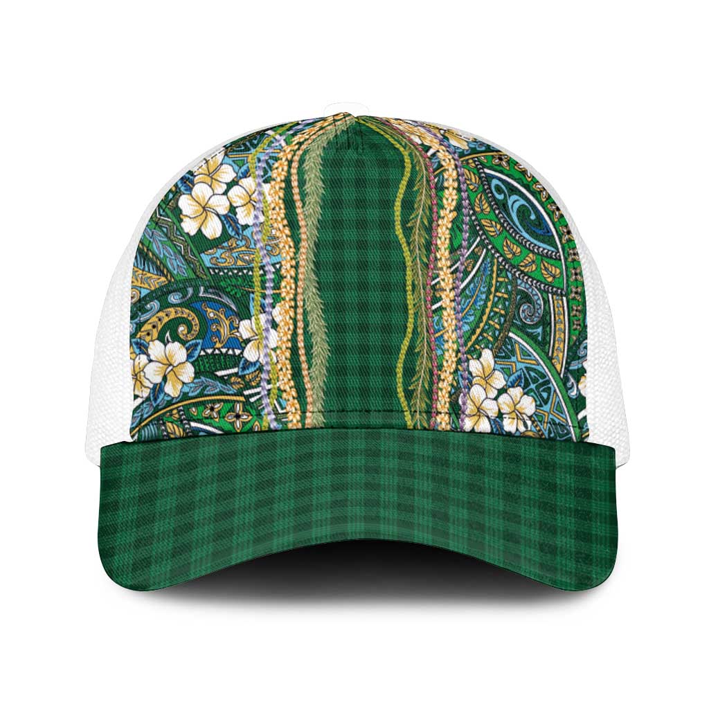 Hawaiian Art Flower Tribal with Lei Mesh Trucker Cap Palaka Pattern Green Color - Polynesian Pride