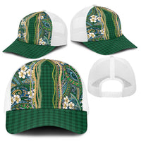 Hawaiian Art Flower Tribal with Lei Mesh Trucker Cap Palaka Pattern Green Color - Polynesian Pride