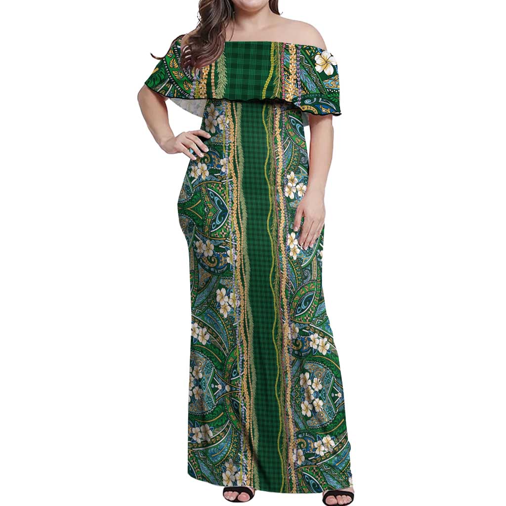 Hawaiian Art Flower Tribal with Lei Off Shoulder Maxi Dress Palaka Pattern Green Color - Polynesian Pride